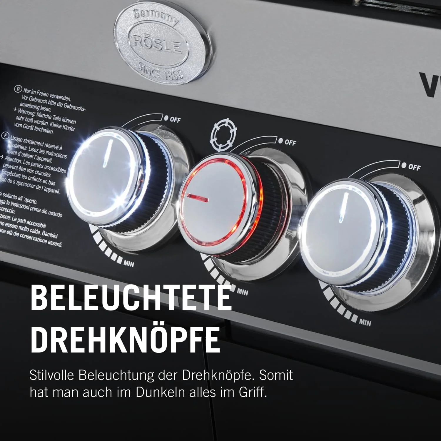 RÖSLE Elektrogrill BBQ-Portable Videro E2-P, tragbarer Tischgrill mit 2 Brennern, Warmhalterost und Deckel mit Glaseinsatz, pulverbeschichteter Stahl, schwarz/silbern