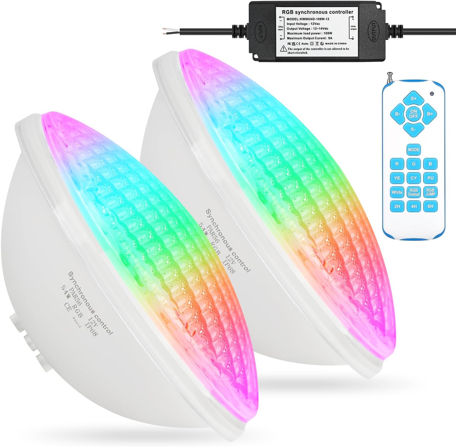 KWODE 54W LED Poolbeleuchtung PAR56, 12V RGB Timing 2/4/6H Schwimmbadbeleuchtung, Externe Synchronisation mit Fernbedienung, IP68 Wasserdichter Pool Lampe Licht mit Fernbedienung (2 Stück)