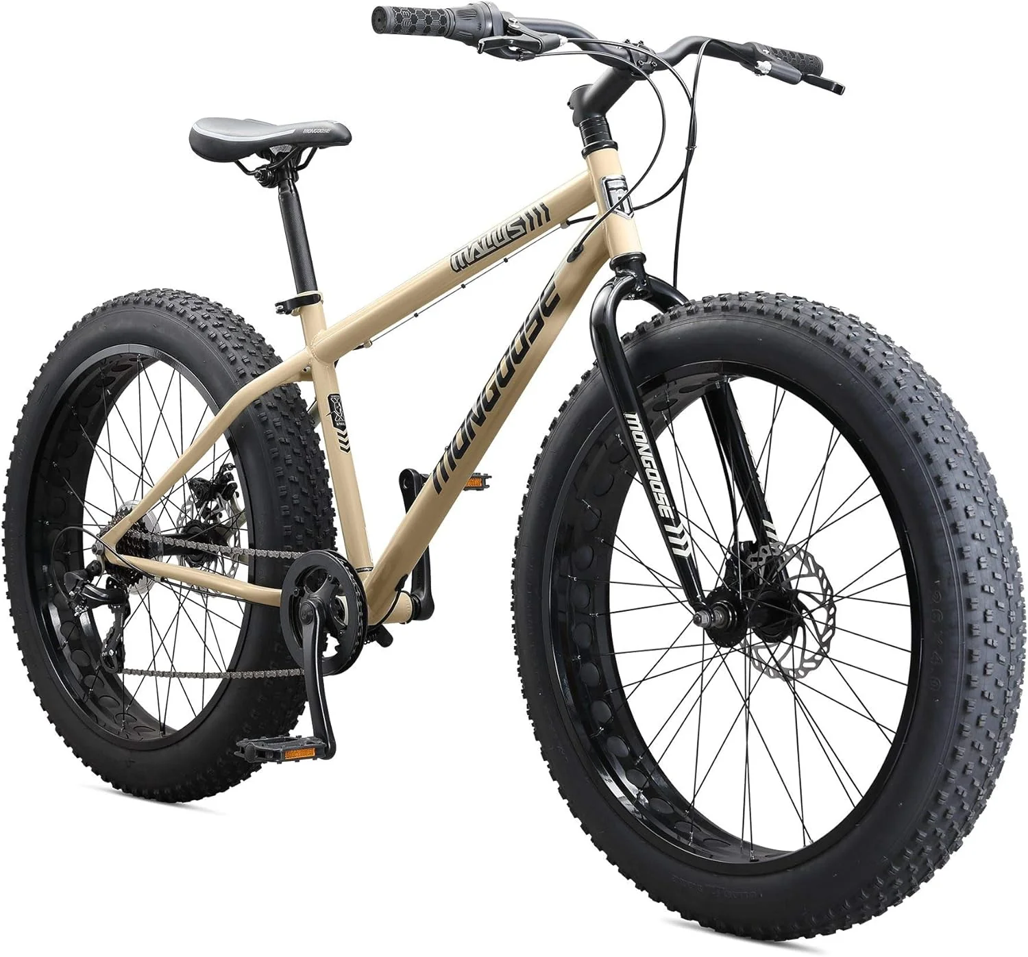 Mongoose Malus férfi és női Fat Tire mountain bike, 26 colos kerékméret, 4 col széles, bütykös gumik, acél váz, 7 sebességes meghajtás, Shimano hátsó váltó, tárcsafékek