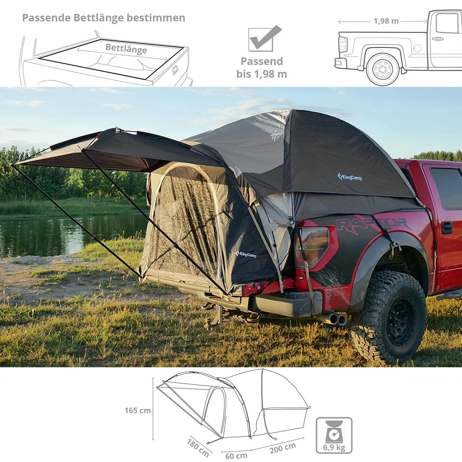 2025 KingCamp Pick Up Tenda – Montaggio rapido in 15 minuti, impermeabile con colonna d’acqua 3000 mm, finestre in mesh e tettuccio parasole, spazio notte per 2 persone