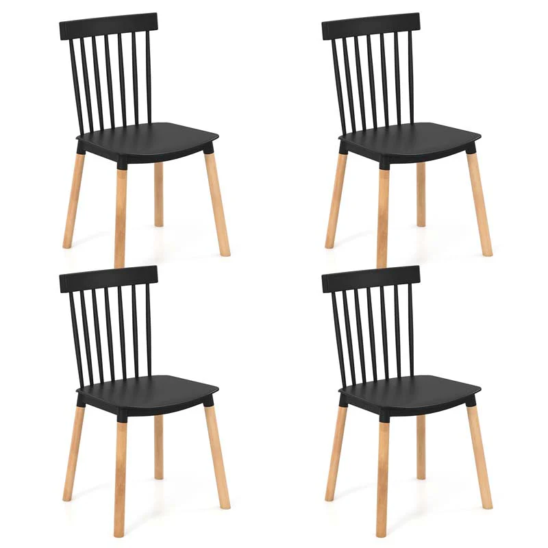 Set of 4 Windsor Dining Chairs, Modern Armless Side Kitchen Chairs with Spindle Back, Curved Seat & Solid Wood Legs for Living Room, Restaurant