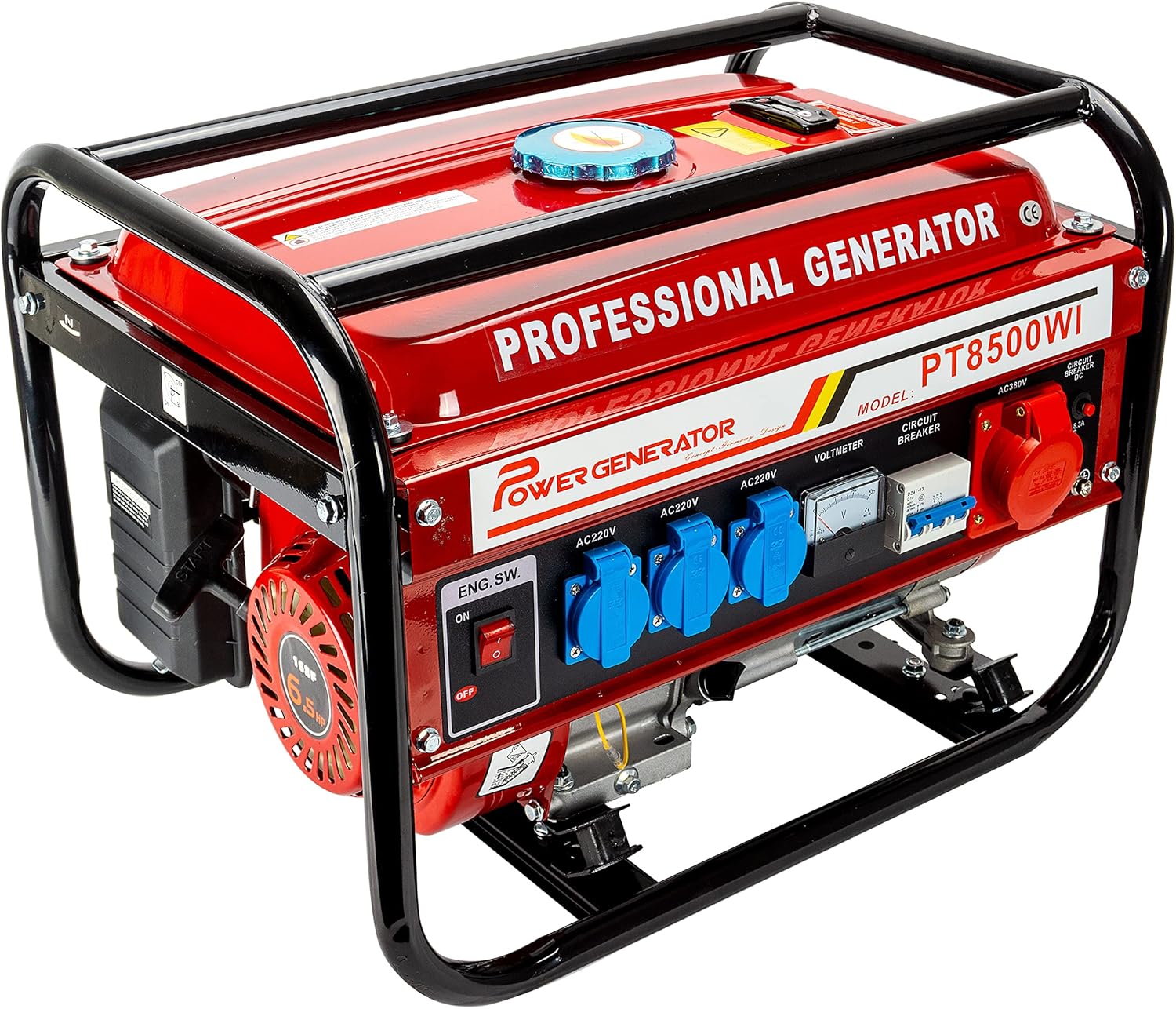 Generatore di corrente con benzina, generatore di corrente con accessori, unità di emergenza silenziosa, 5 prese, 3 prese da 230 V, 1 da 400 V, 1 da 12 V, 6,5 CV (generatore di corrente con avviamento