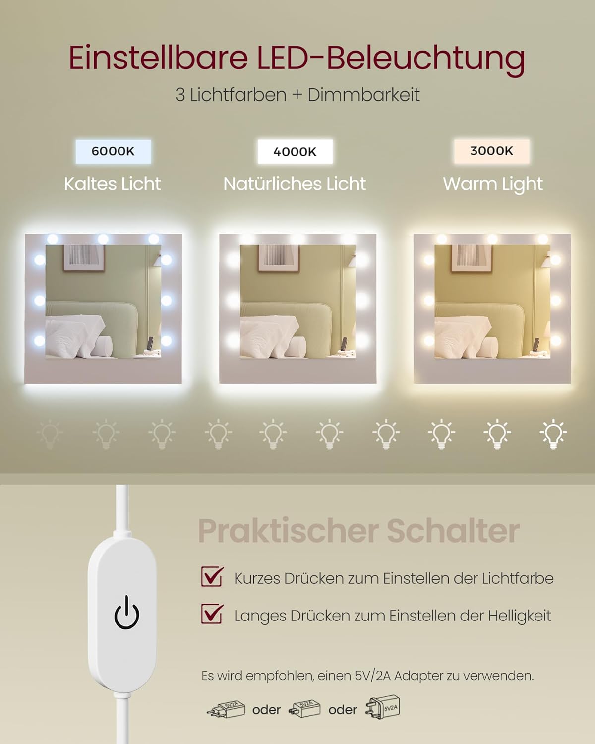 VASAGLE Kailyn Kollektion - Schminktisch mit Spiegel und LED-Leuchten, Steckdosenleiste, 9 Schubladen, 9 dimmbare Glühbirnen, 3 Lichtfarben, werkzeuglose Gleitschienen, wolkenweiß RDT141WB02