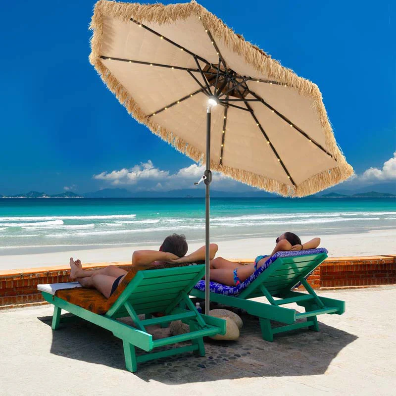 9FT Nádfedeles Tiki Kerti Napernyő 33 Napelemes LED Fénnyel, Hawaii Stílusú Kétszintes Hula Strandi Napernyő Dönthető & Tekerhető Mechanizmussal Medencéhez, Háztartási Udvarra, Kertbe