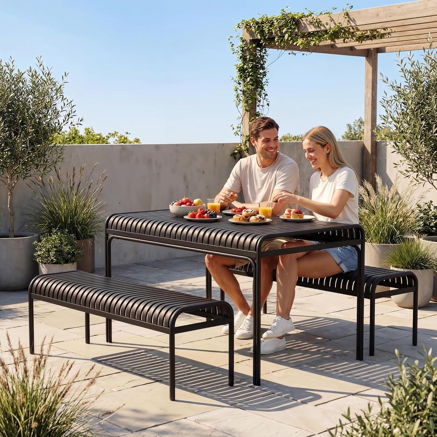 di volio Gartenbank BAISO - Metallbank für Terrasse & Garten, 130 cm, wetterfest (Schwarz)