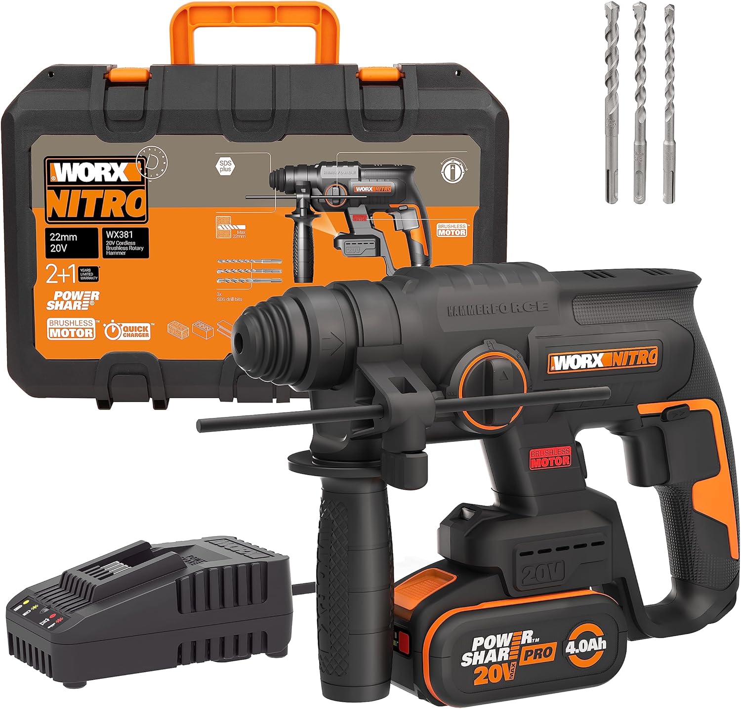 WORX Nitro WX381 - Martello pneumatico senza spazzole da 20 V, per forare, trapano a percussione e scalpello, 2 Joule, con batteria e caricatore