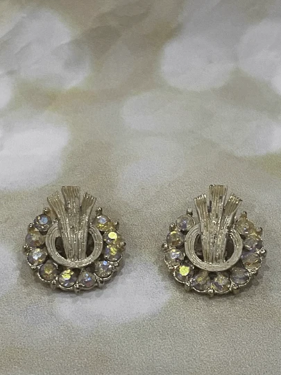 1940s AB Rhinestone Rosette Award Clip Earrings