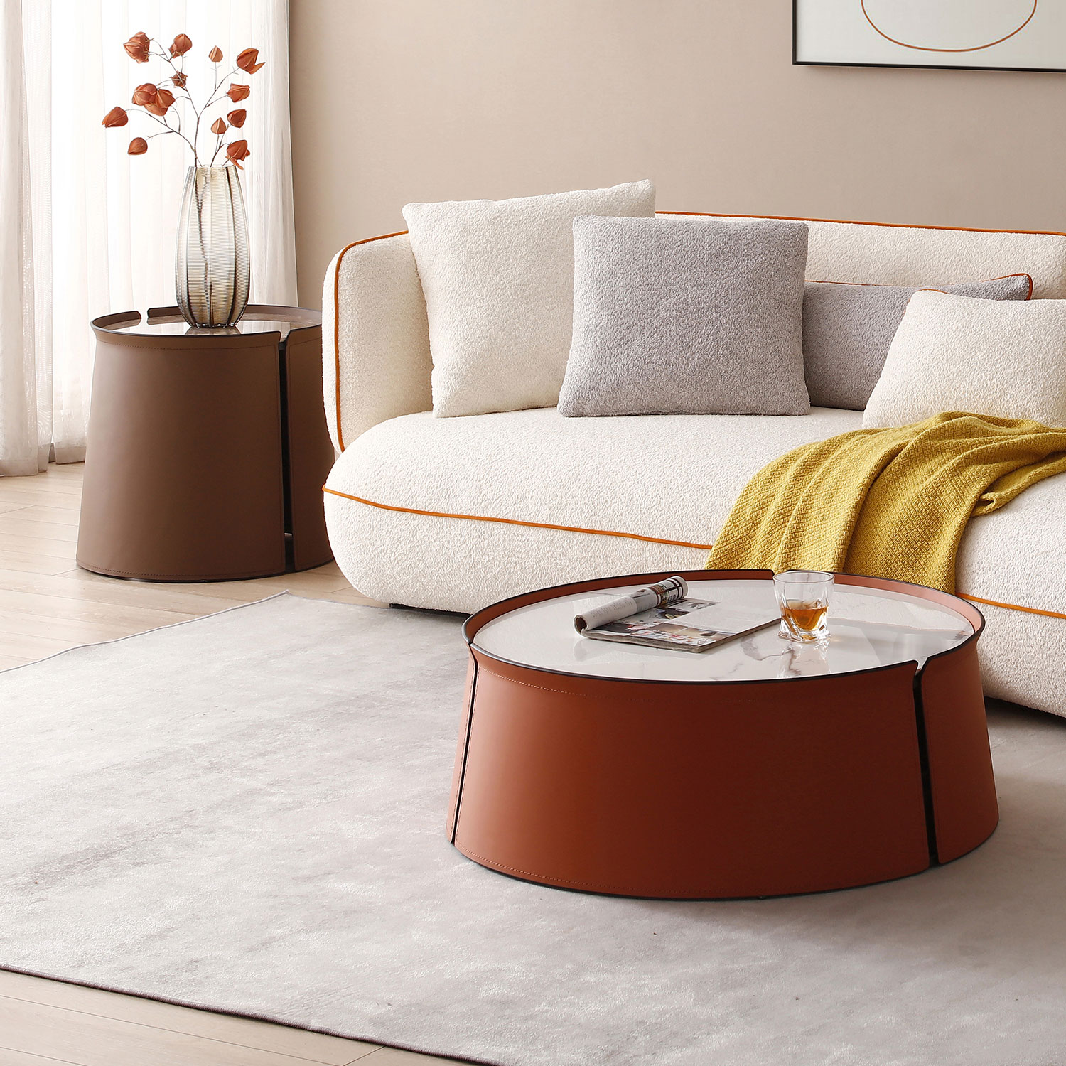 31.5inch Coffee Table, Marble Top+Orange Saddle Leather Body+Iron Frame