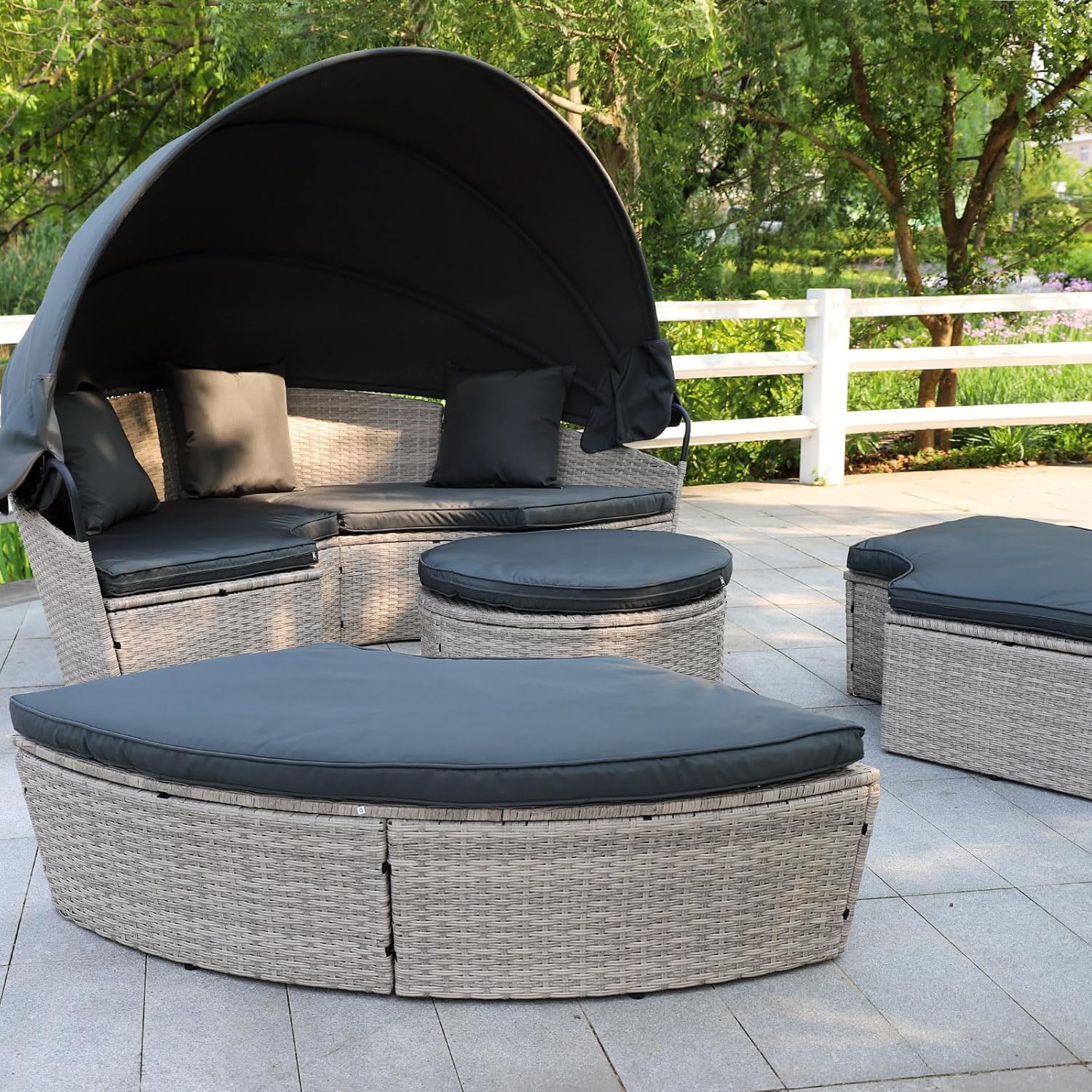 Poly Rattan Sonneninsel XL mit faltbarem Sonnendach Ø 180/210 cm inkl. Auflagen Kissen, Lounge Sonnenliege Gartenmuschel (Hellgrau, Dia 210)