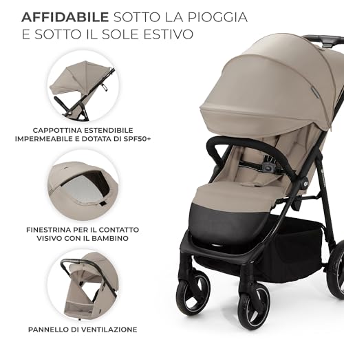 Kinderkraft TRIG 3 Passeggino Leggero, Pieghevole, Posizione Distesa, Posizione Reclinata, Sospensione 4 Ruote, Cinture di sicurezza a 5 punti, Bambini, Fino a 25 kg, Beige : Prima infanzia