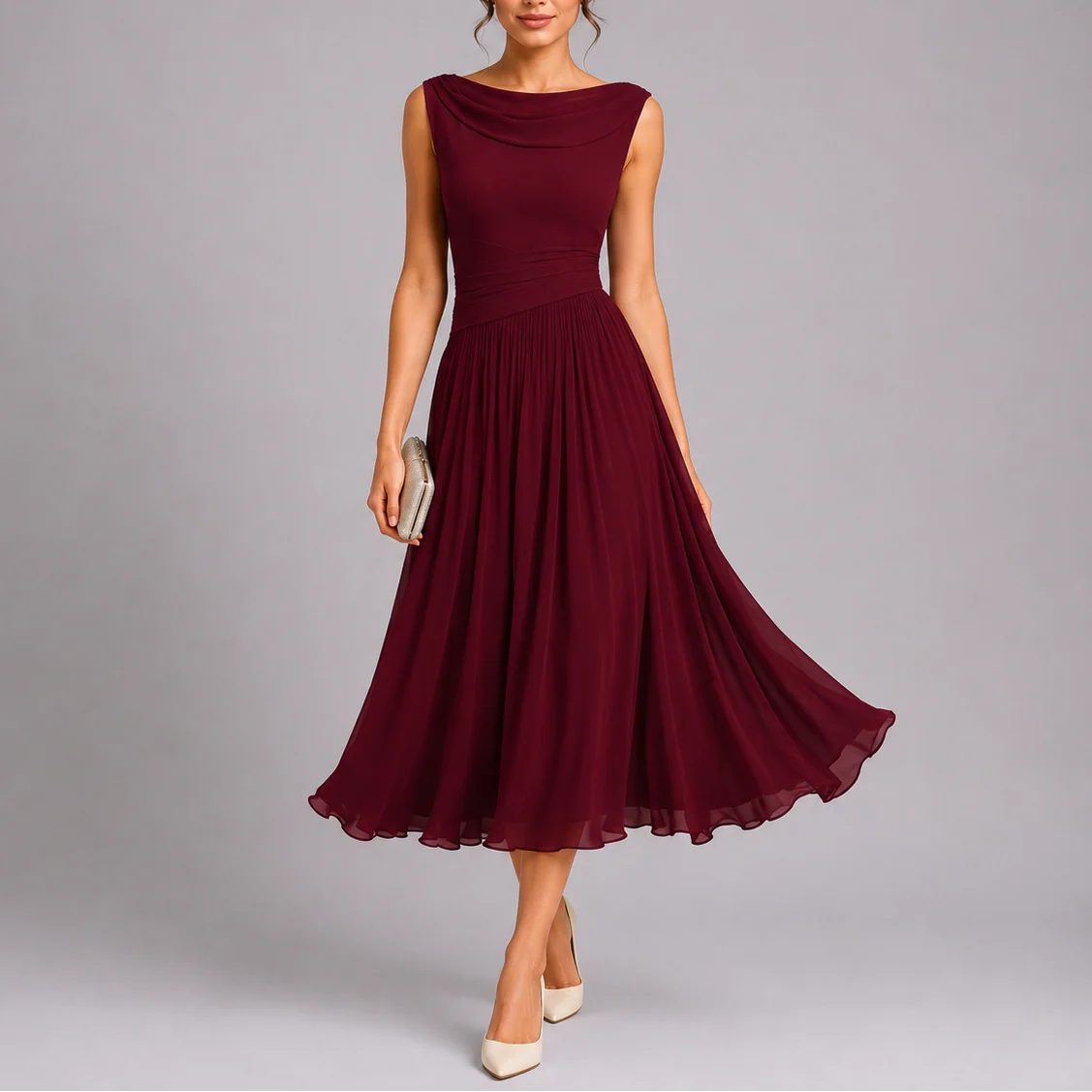 Women��s Elegant Pleated Midi Dress with Draped Neckline