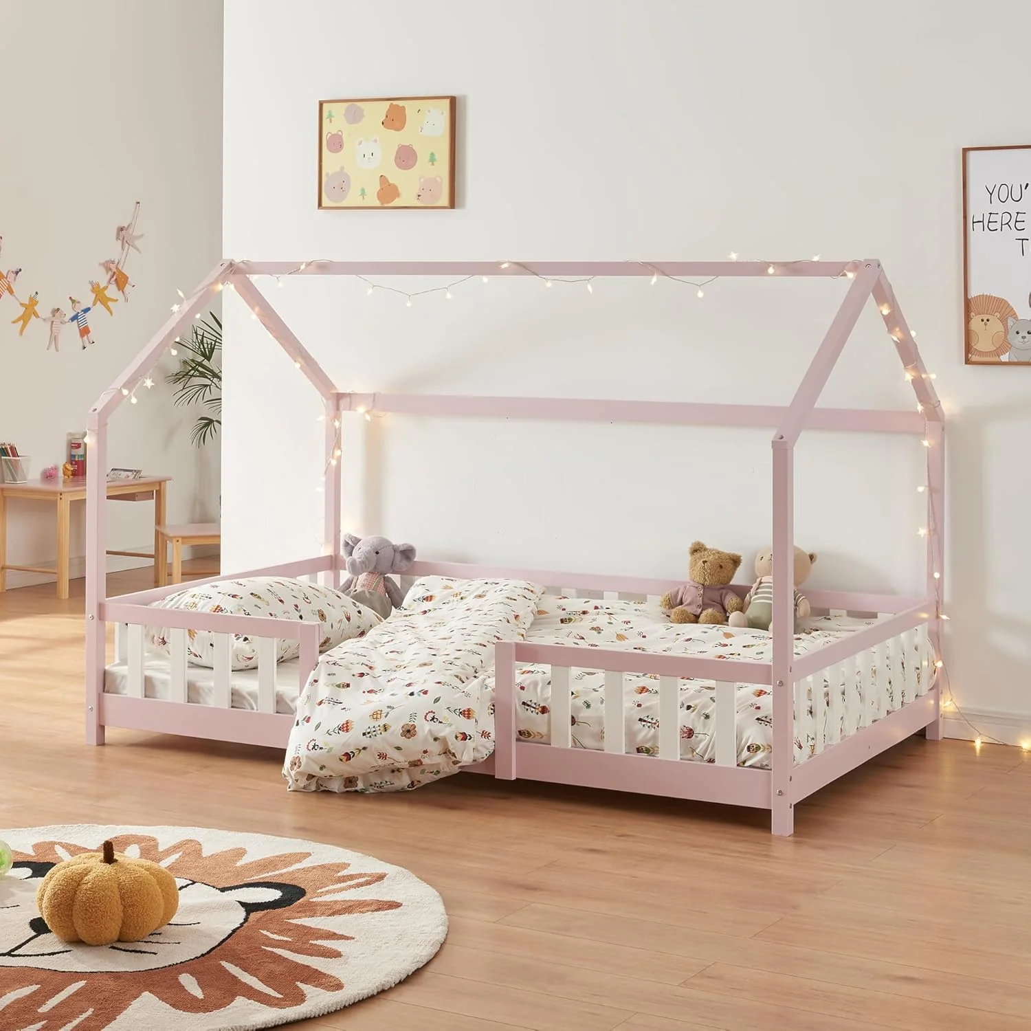 [en.casa] Letto per bambini Sisimiut a capanna 80 x 160 cm con protezione anticaduta letto in legno per bambini letto a terra rete a doghe in legno di pino Bianco opaco