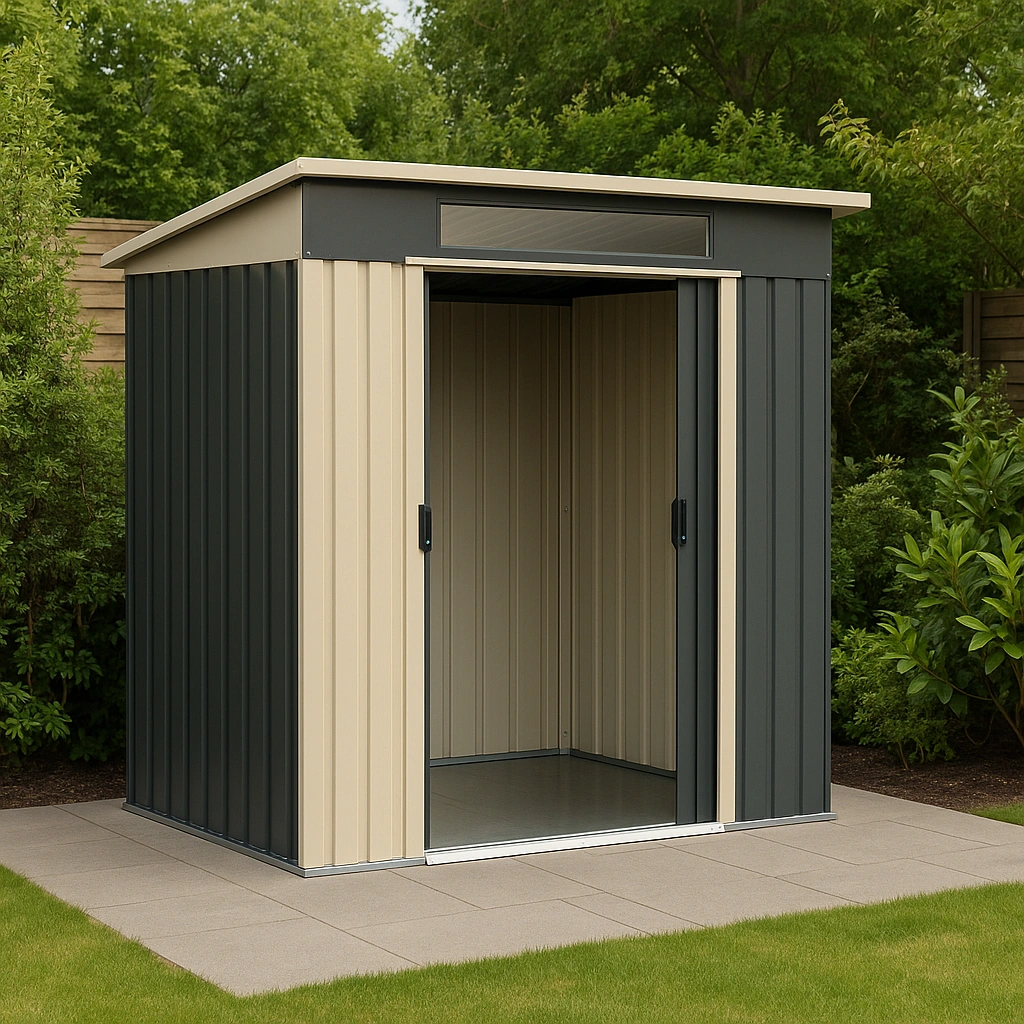 Haveskur med opbevaringsplads i beige/grt stl, udendrsomrde 200x150x210 cm