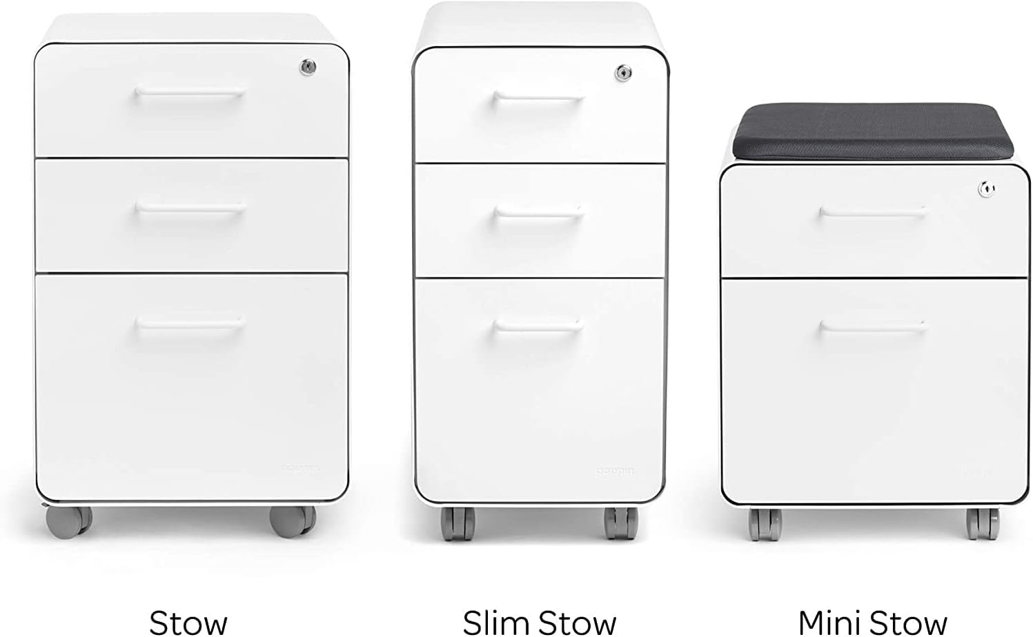 Poppin Stow 3-Drawer File Cabinet - White, 2 Utility Drawers and 1 Hanging File Drawer, Fully Painted Inside and Out, Powder-Coated Steel, Two Keys Included, Stationary