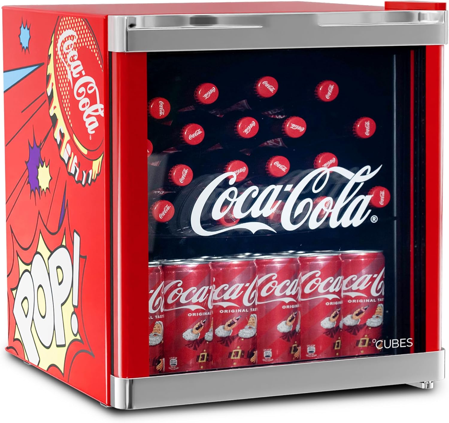 °CUBES Original Coca-Cola PopArt Mini Kühlschrank Rot (48L) - Getränkekühlschrank mit Glastür, leise & energieeffizient - Perfekt für Büro, Partys & Gaming - Cooler Flaschenkühlschrank - Für Getränke