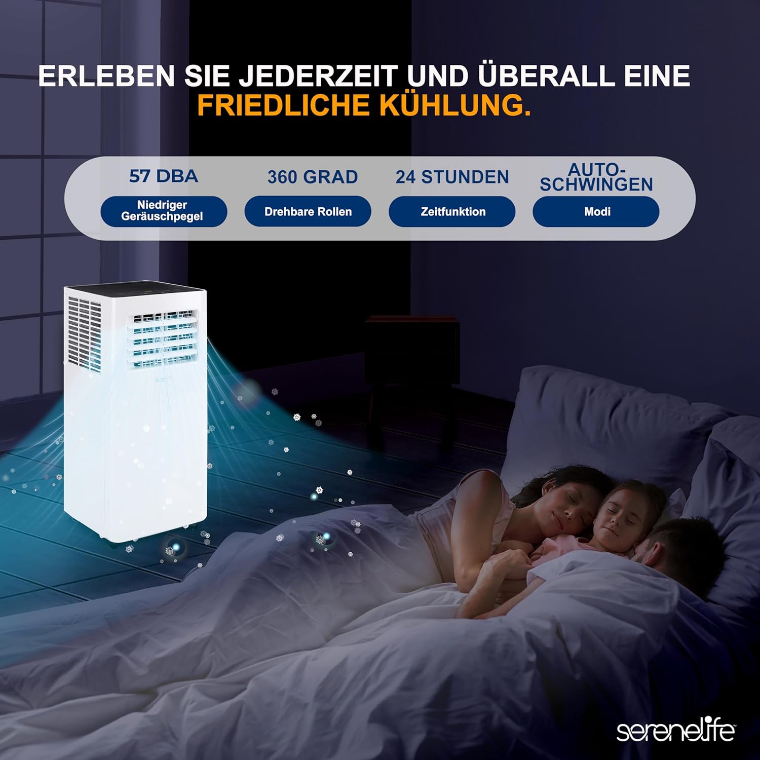 SereneLife 3-in-1 Mobile Klimaanlage mit Abluftschlauch – Klimagerät als Luftkühler, Ventilator & Luftentfeuchter– Mini Klimaanlage für Räume bis zu 28 m2 – Luftkühler für Zuhause & Büro 10,000 BTU