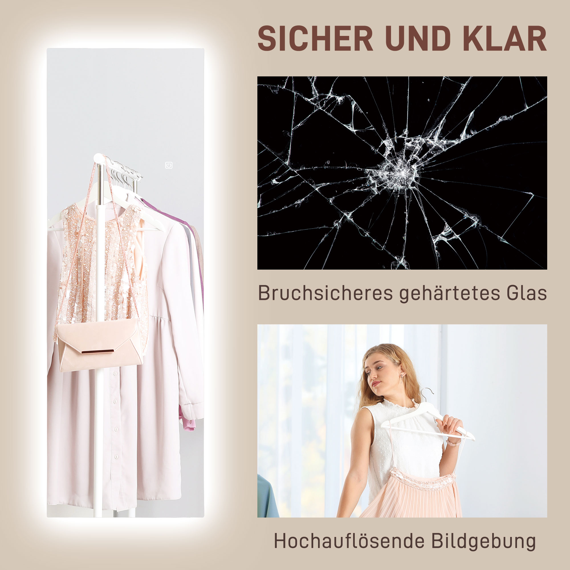 HOMCOM LED Volledige lichaamsspiegel, dimbaar, randloos, Touch-bediening, 40 x 120 cm