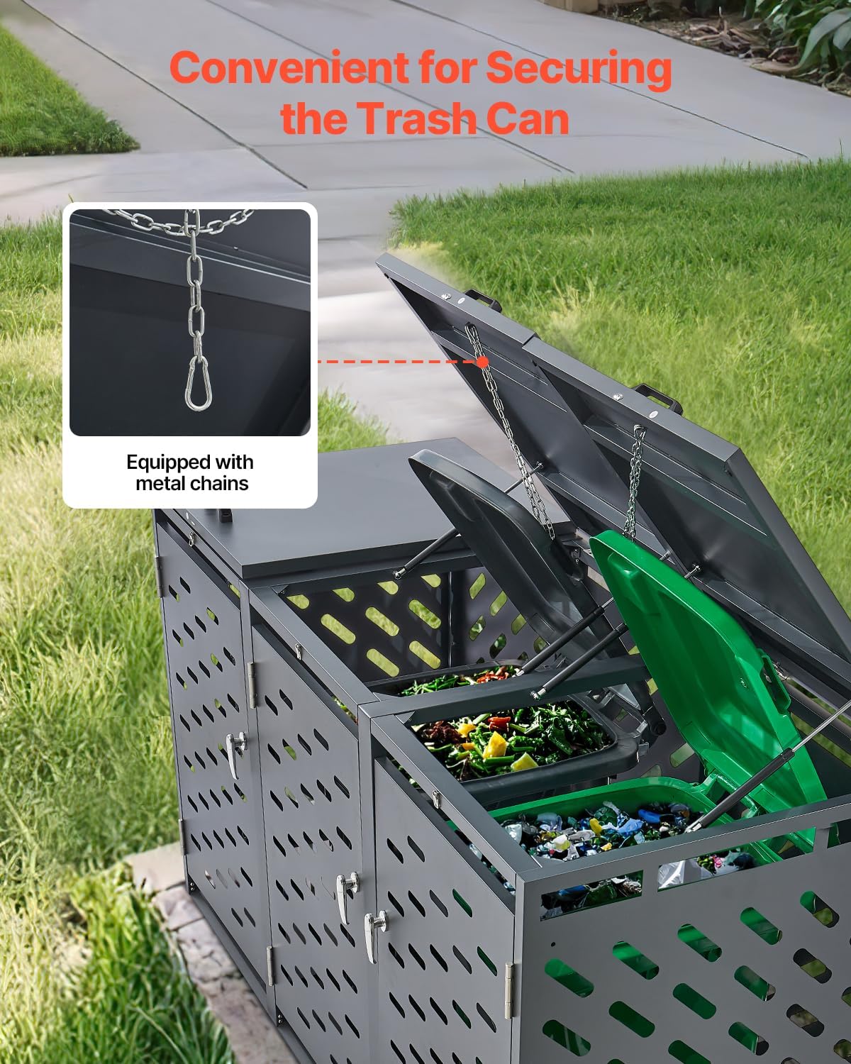 VEVOR Abri pour poubelles, 3 x 240 L, Rangement pour poubelles Horizontal, avec Couvercle à chaîne, boîte de Rangement à poubelles d'extérieur, étanche et verrouillable, pour Jardin, Cour et terrasse