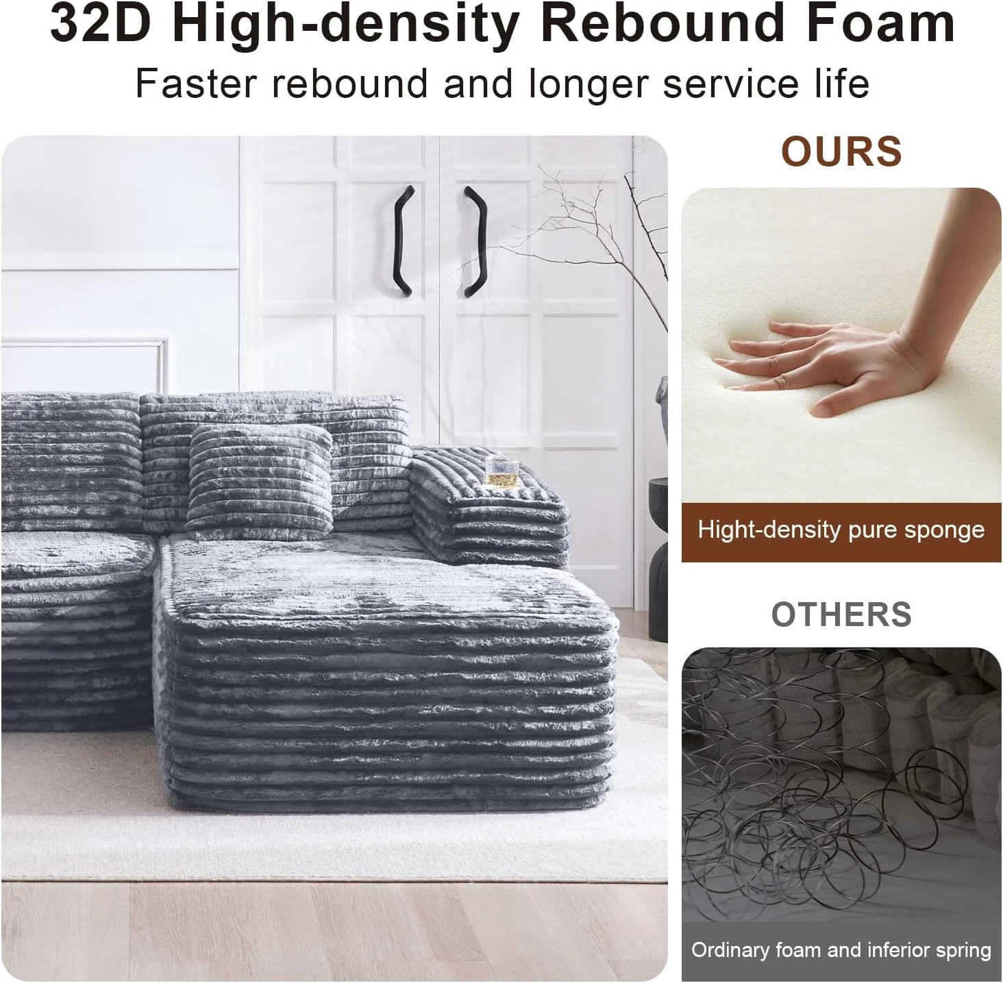 Cloud Sectional Couch with L-Shape Chaise Modern Modular Sofa Deep Seat Built-in Cup Holder