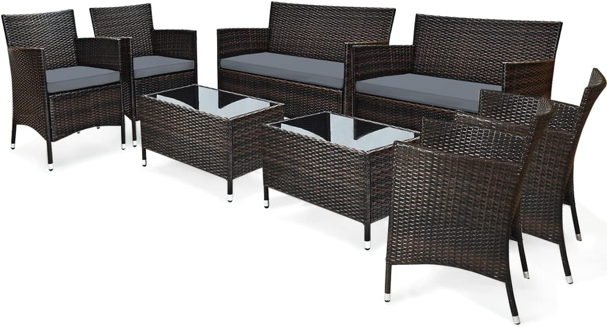 COSTWAY 8 részes rattan teraszbútor garnitúra, kültéri fonott rattan székek dohányzóasztallal, rattan párnás beszélgető garnitúra háztáji erkélyre, tornácra, medence mellé, szürke