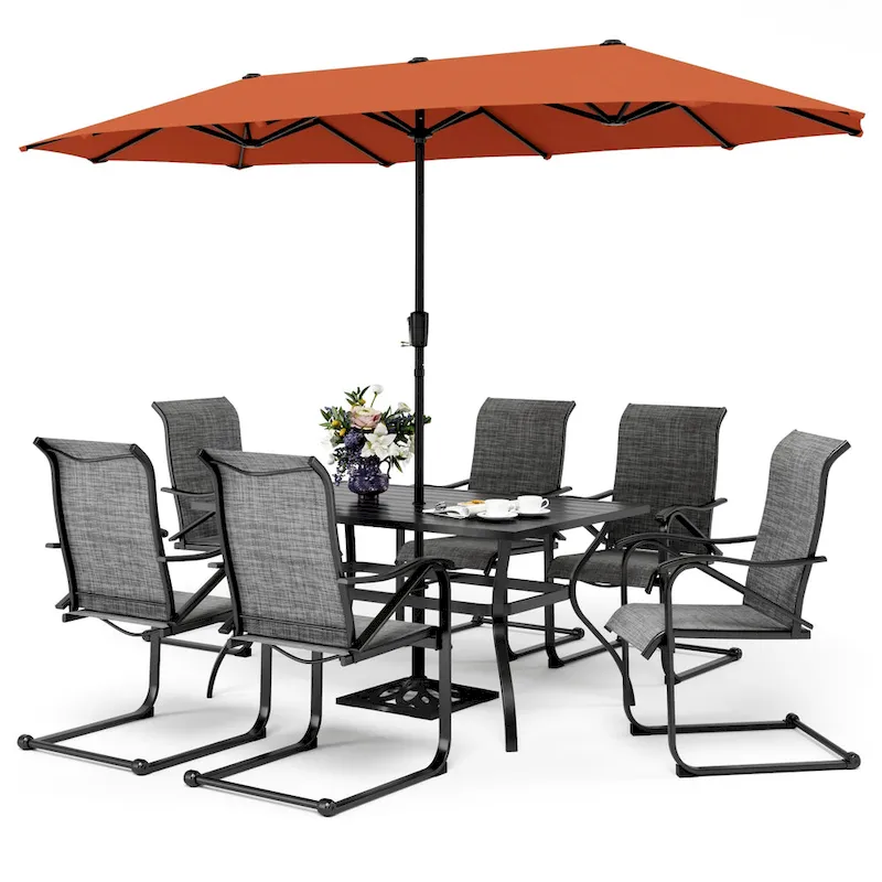 7/8-Piece Patio Dining Set including 60x38 Slatted Metal Table with 1.56 Umbrella Hole and 6 Spring Motion Chairs