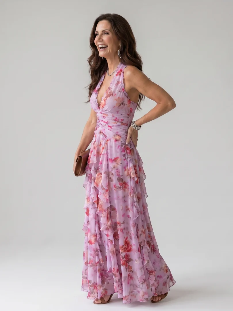 Womena??s Floral Maxi Dress Halter Neck with Ruched Bodice