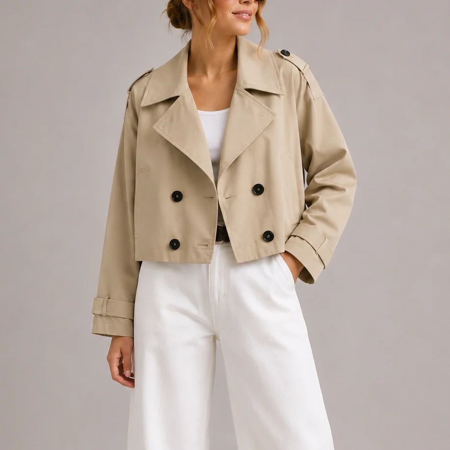 Women��s Cropped Trench Coat Jacket Classic Silhouette