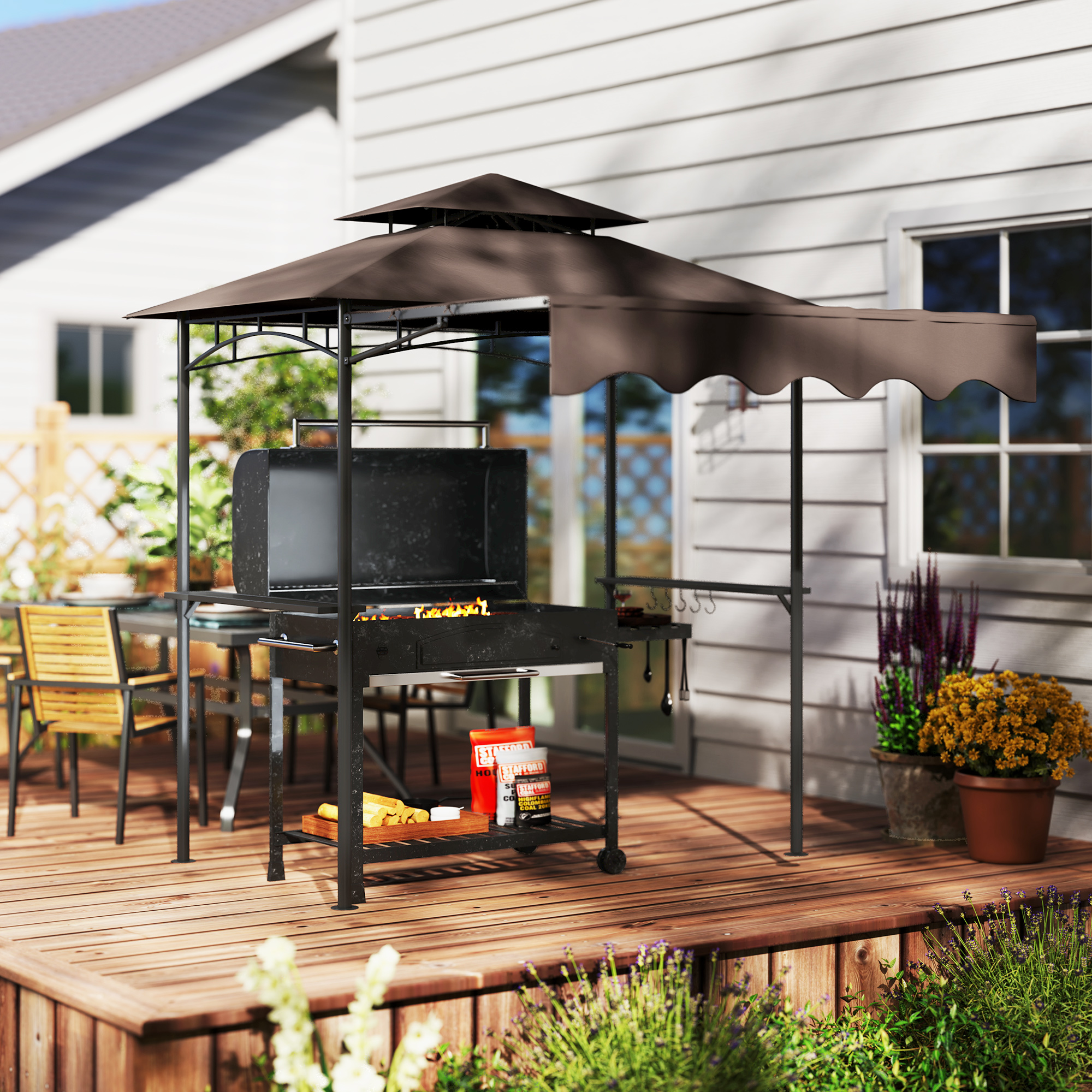 Outsunny Grillpaviljoen 242x149x248 cm Waterafstotend Vlamvertragend Tuinpaviljoen met Dubbellagig Dak Koffie