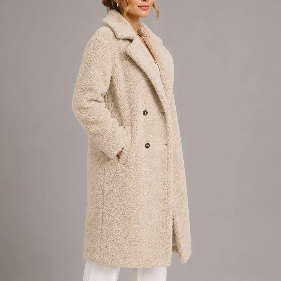 Women��s Long Teddy Coat Double-Breasted Faux Fur Style