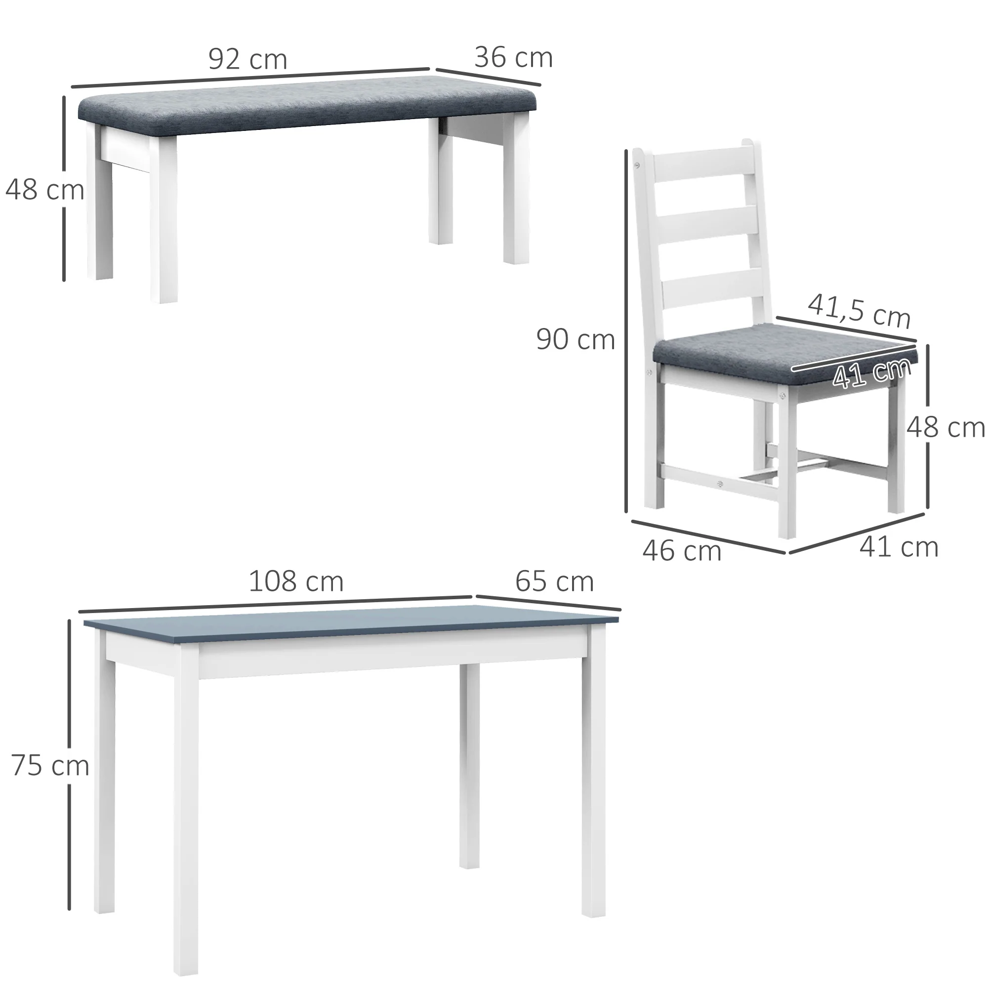 HOMCOM 4-delige eetset, 1 tafel, 1 bank, 2 stoelen, grijs+wit