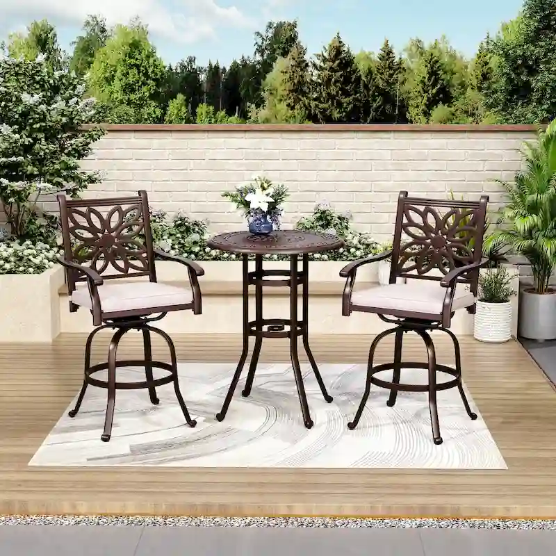 MAISON ARTS 3-Piece Cast Aluminum Patio Bar Stool Set of 1 Bar Table & 2 Swivel High Bar Stools