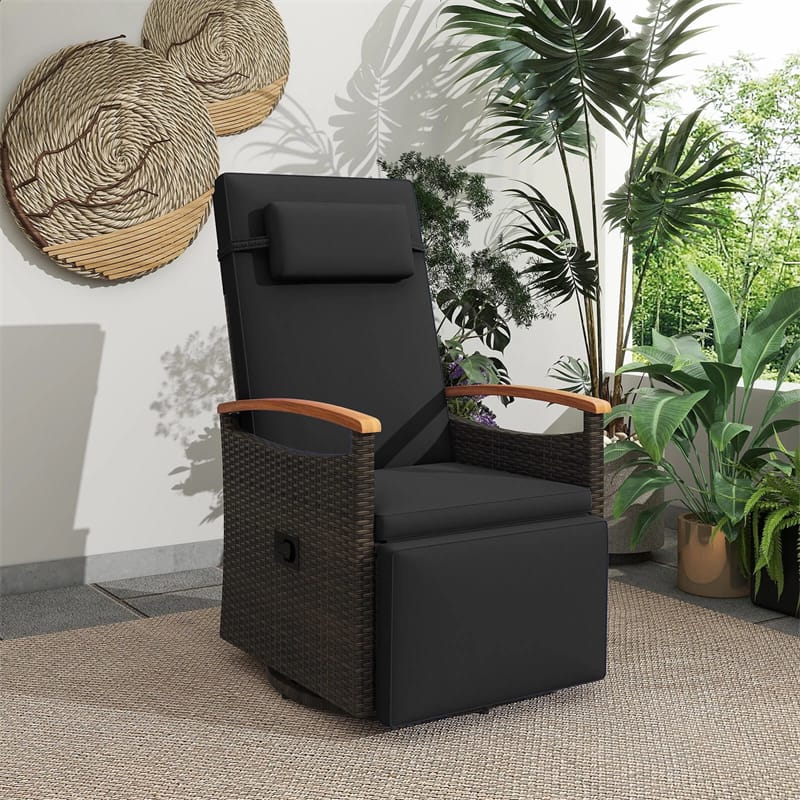 Outdoor Rattan 360° Swivel Recliner Chair, Patio Wicker Chaise Lounge Chair with Adjustable Backrest & Footrest, Flip Side Table & Cushions