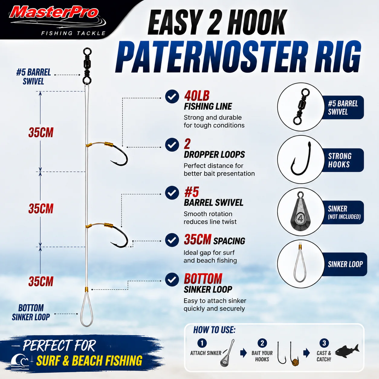 MASTERPRO 10PC DIY PATERNOSTER RIG KIT + BONUS 50PCS 9255 4/0 HOOKS �?Surf Fishing Australia