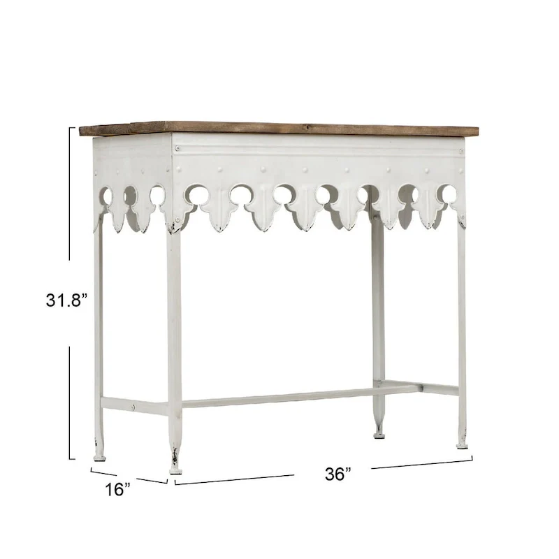 Zinc-Finished Metal and Wood Scalloped Edge Sofa Table