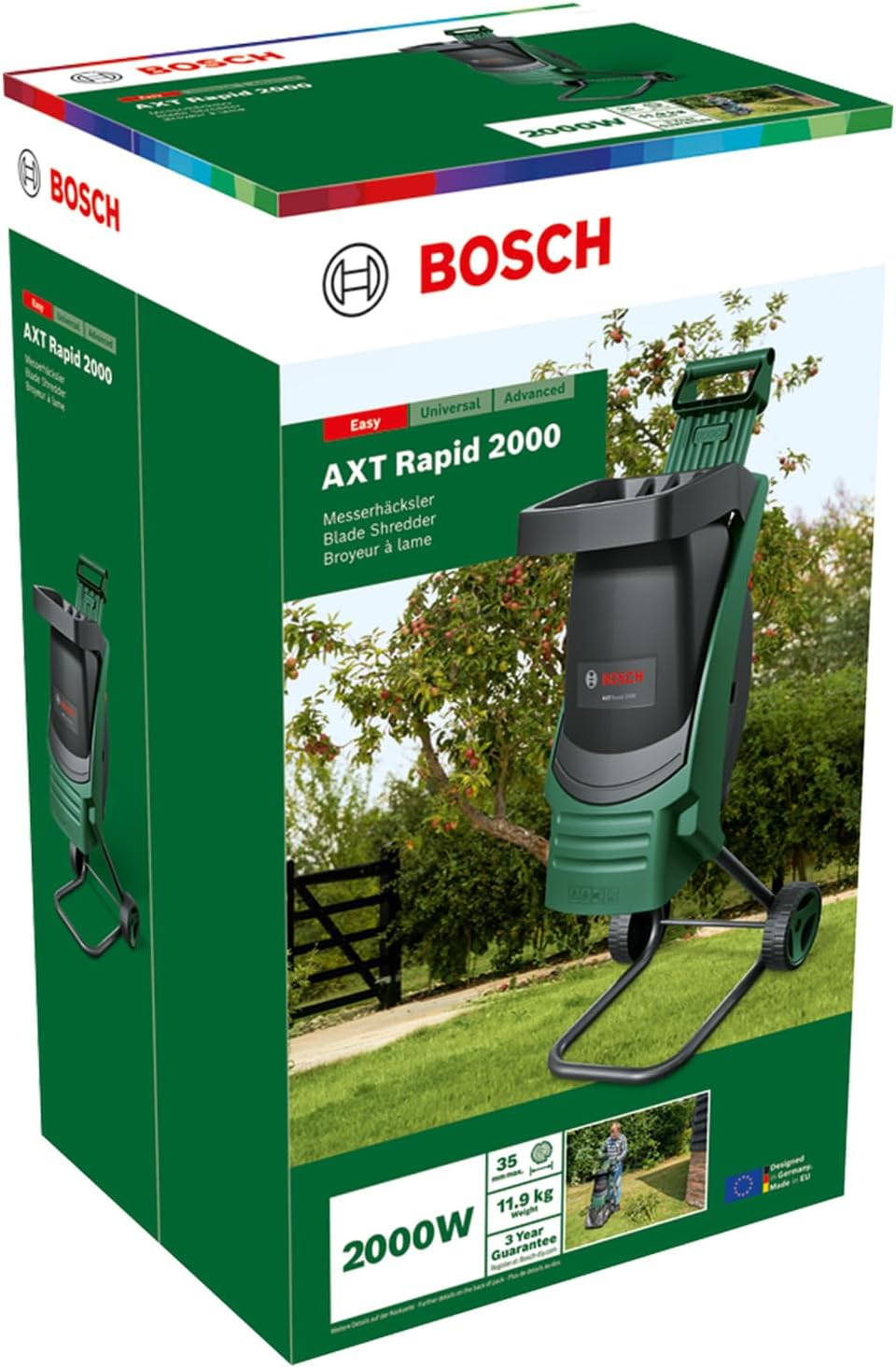 Bosch AXT Rapid 2000 Häcksler (zum leistungsstarken Häckseln von Gartenabfällen, kraftvoller 2000-W-Motor)