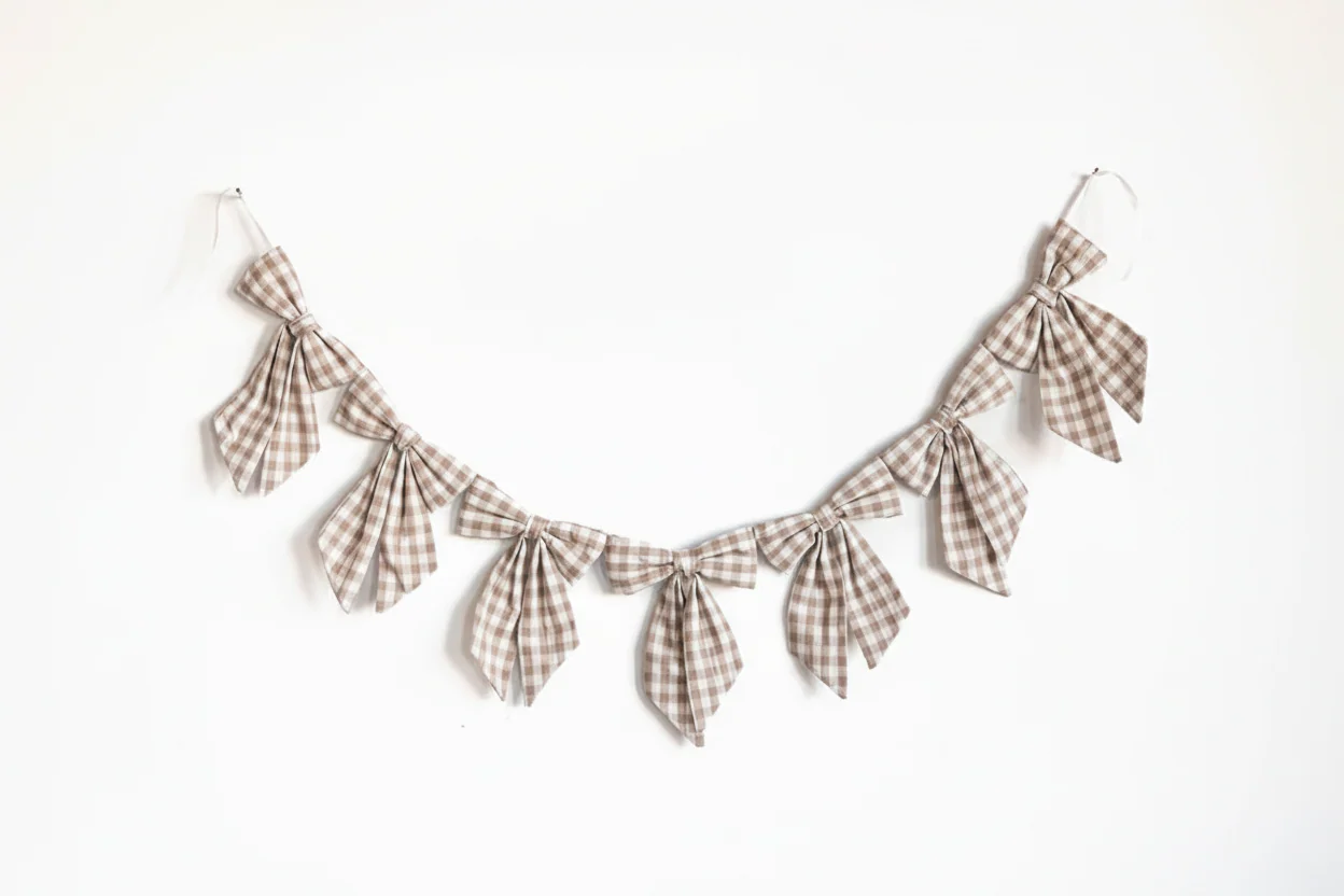 Beige Gingham Fabric Bows Garland