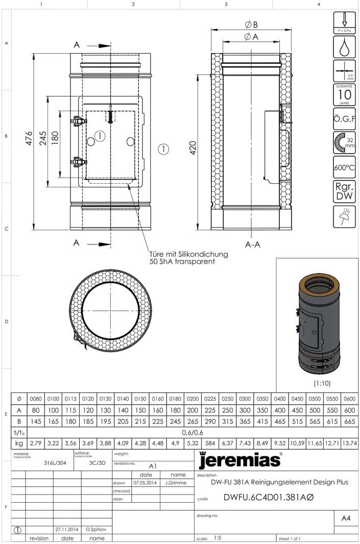 Jeremias DW-FU Revisionselement Design Plus Ø 450 mm Edelstahl Doppelwand Abgassystem Außenbereich bis 600°C N1