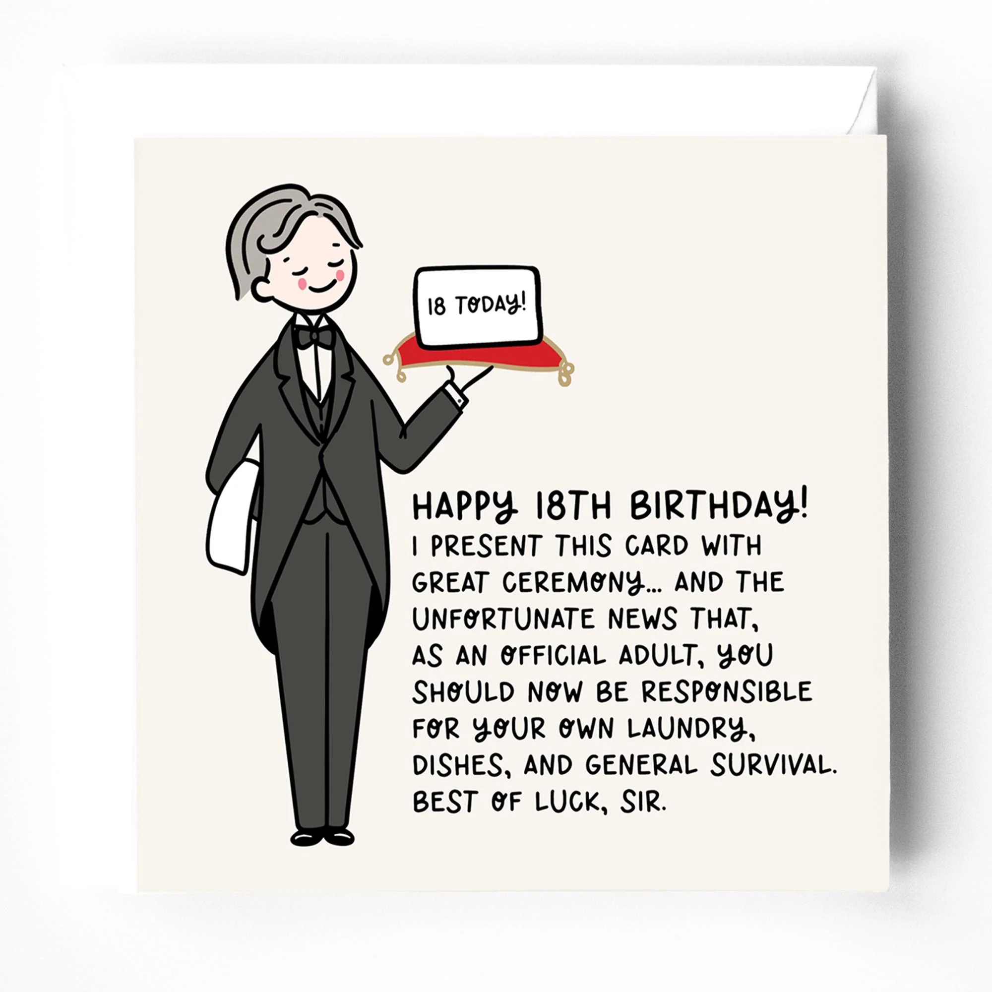 18th Birthday Card for Him: Funny, Butler Design for Boys, with White envelope