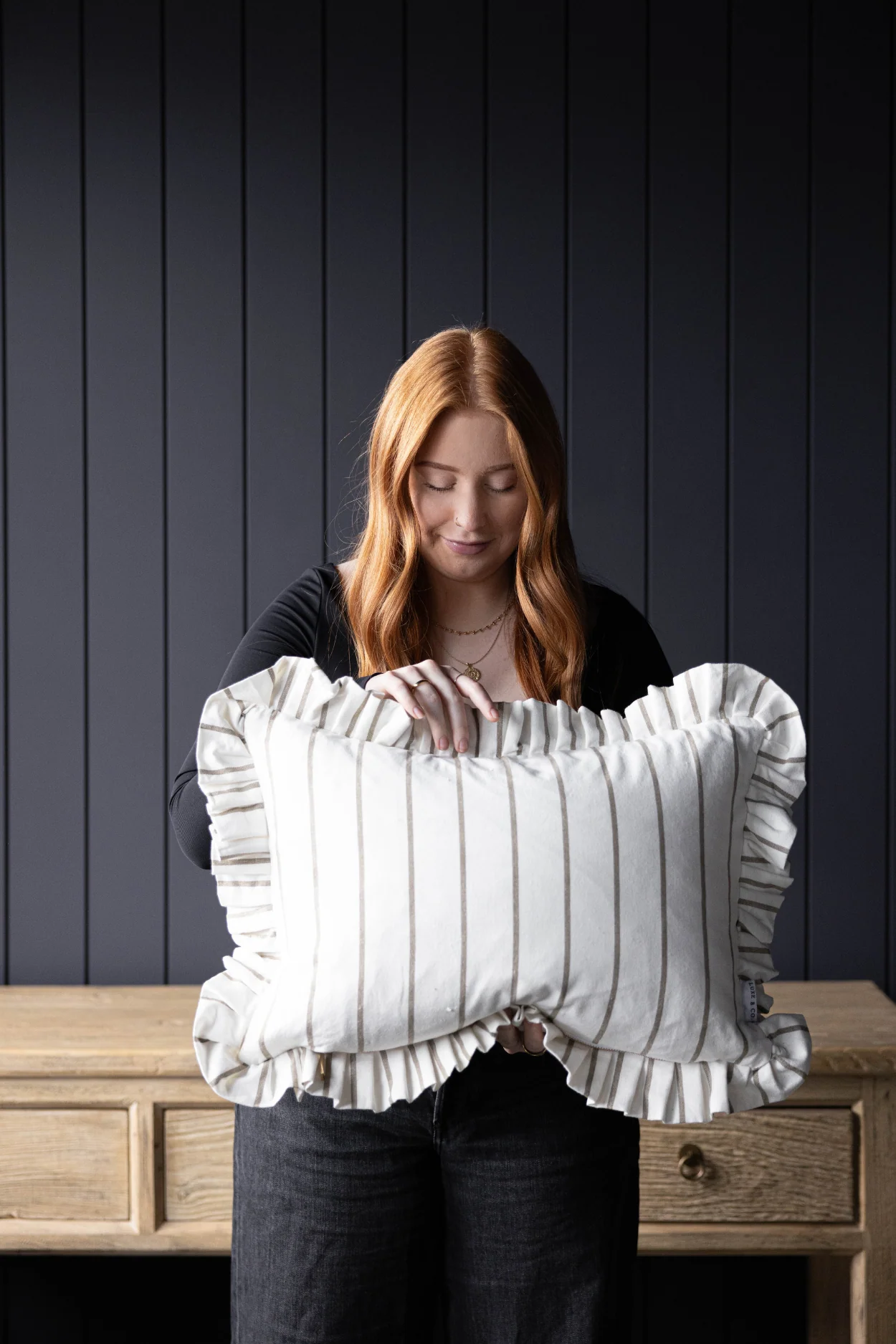 Ruffle Lumbar Pillow Cover White Olive Green Pin Stripes