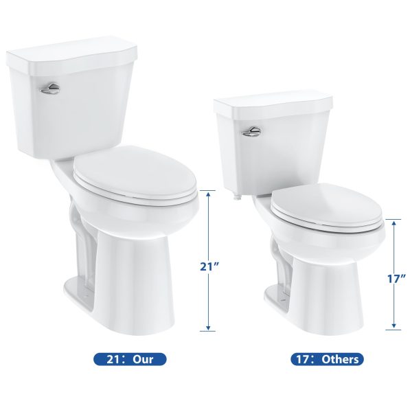 21Toilet, Toalete alungite pentru băi, Toaletă din două piese cu scaun cu închidere silențioasă, Toaletă cu sifon de 1,28 cm cu înălțime universală, ADA, bumbac, alb
