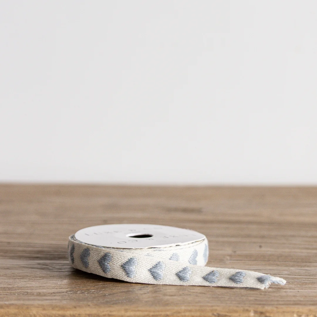 Dusty Blue Hearts Woven Ribbon