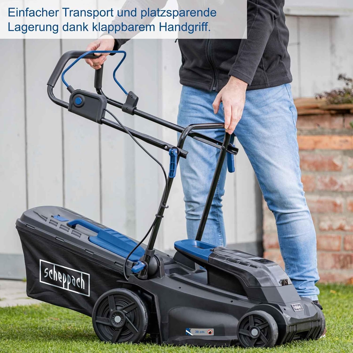Scheppach Akku Rasenmäher BC-MP380-X 38cm Schnittbreite für 450-500m2 45L Korb Schnitthöhe 25-75mm Brushless 20V-IXES-Serie 10 Jahre Garantie 2x4Ah Akku  und  Fastcharge Doppelladegerät