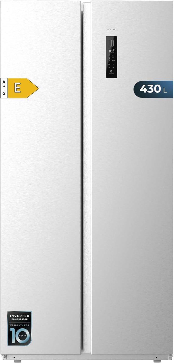Cecotec Frigorífico Americano 2 Puertas Bolero CoolMarket SBS 430 Inox E. Side by Side de 430 L, Altura 176 cm y 84 cm Ancho, Sistema Multi Air Flow, Total No Frost, Motor Inverter Plus