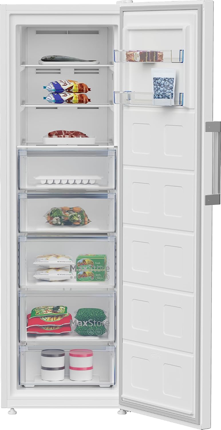 Beko B7RFNE316W Gefrierschrank, 286 l Nettovolumen, No Frost, Schnellgefrierfunktion, Multifunktionsdisplay, 5 Gefrierschubladen + 3 Fächer, 34 dB (A), in unbeheizten Räumen nutzbar, Weiß