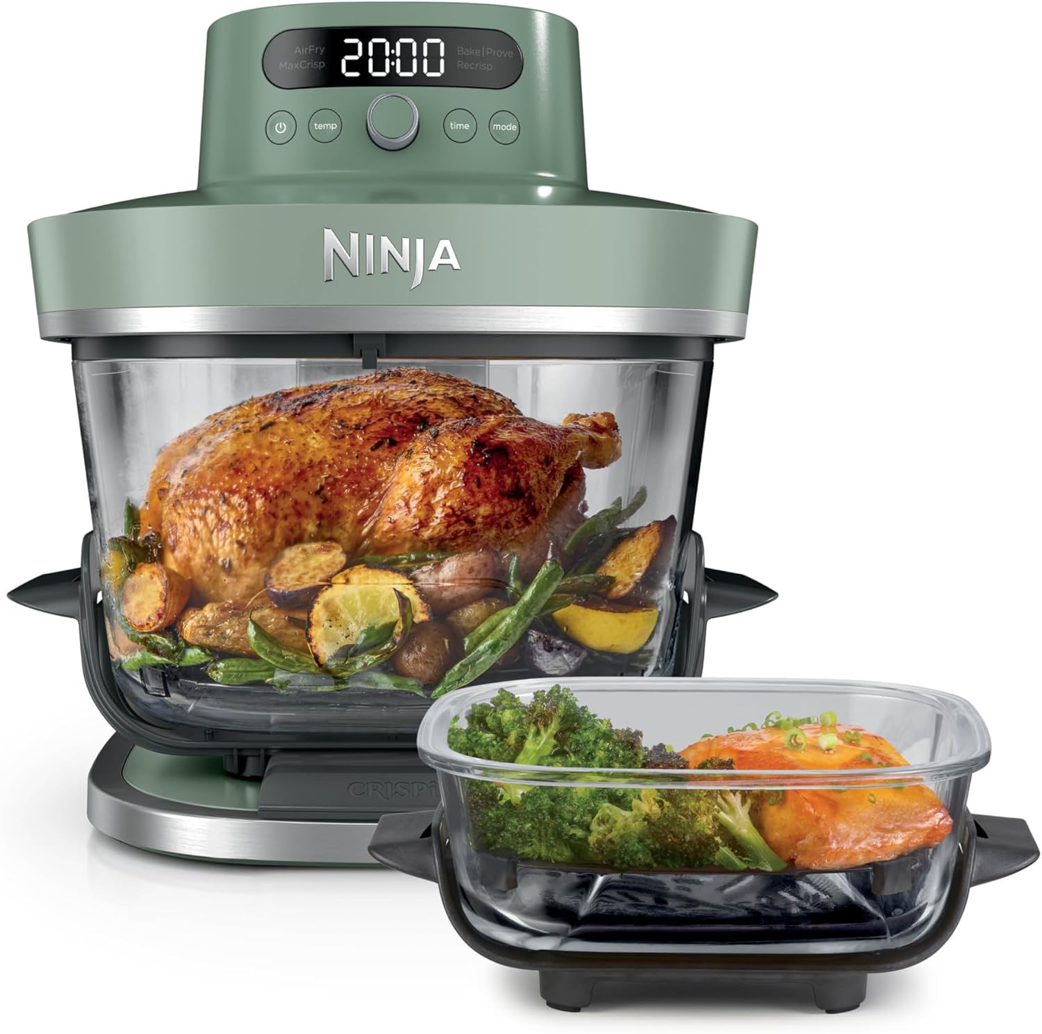 Ninja CRISPi PRO XL Glas-Heißluftfritteuse (Air-Fryer), 5 voreingestellte Zubereitungsfunktionen, CleanCrisp-Glasbehälter (5,7 l und 2,3 l) und Aufbewahrungsdeckel, Moosgrün AS090EUGN
