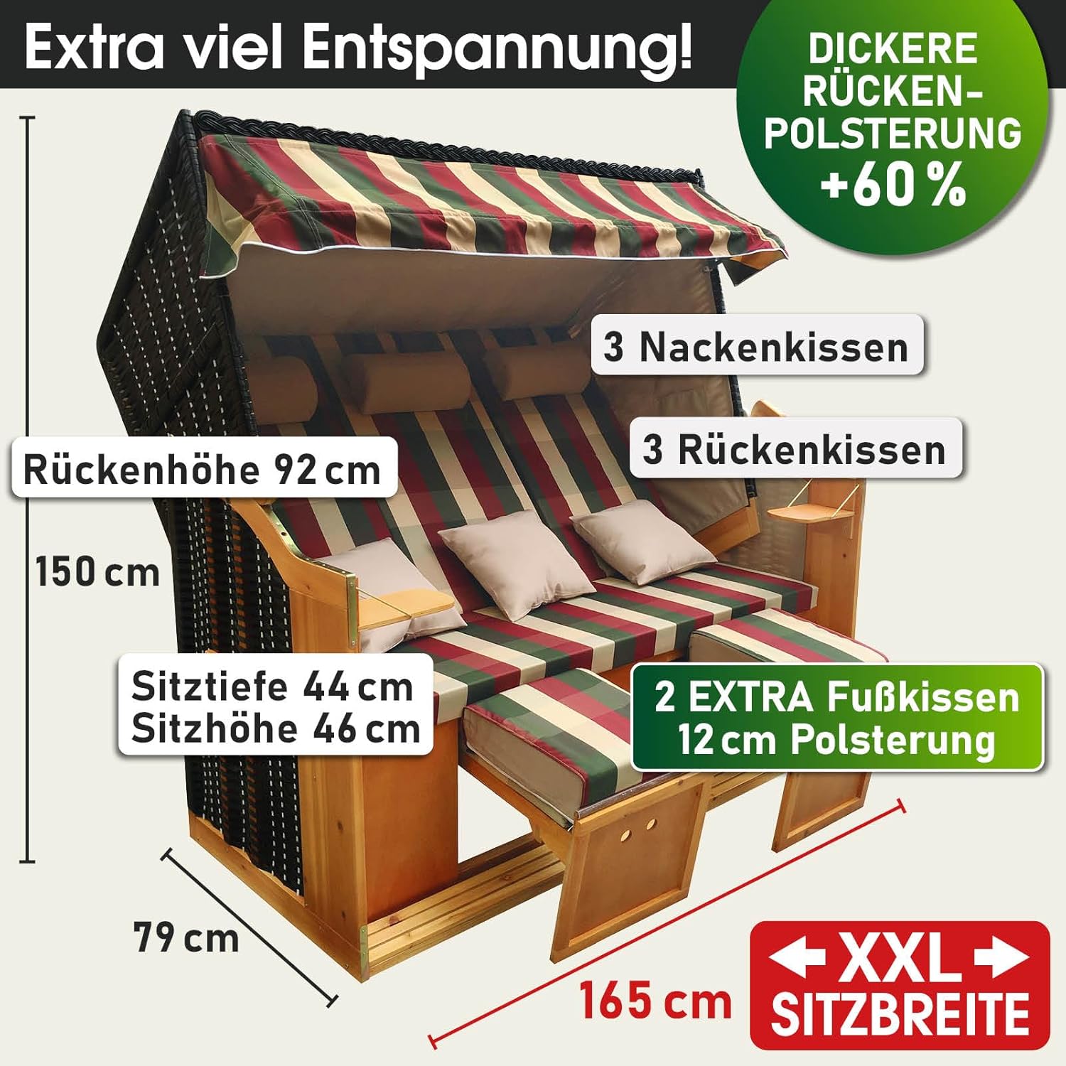BRAST® Strandkorb Usedom 3-Sitzer XXL für 2-3 Personen | 165cm breit | 5 Designs | inkl. wetterfeste Abdeckhaube | verstellbare Rückenlehne Fußkissen | Rot/Grün/Beige - kariert