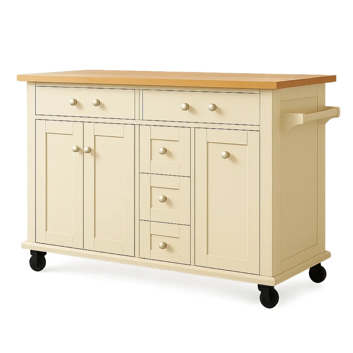 Kkken, kkkenrullebord, med 3 dre, 5 skuffer og hylde, naturtr og beige, med hjul, 100x50x85 cm - cE9Flal36nKM