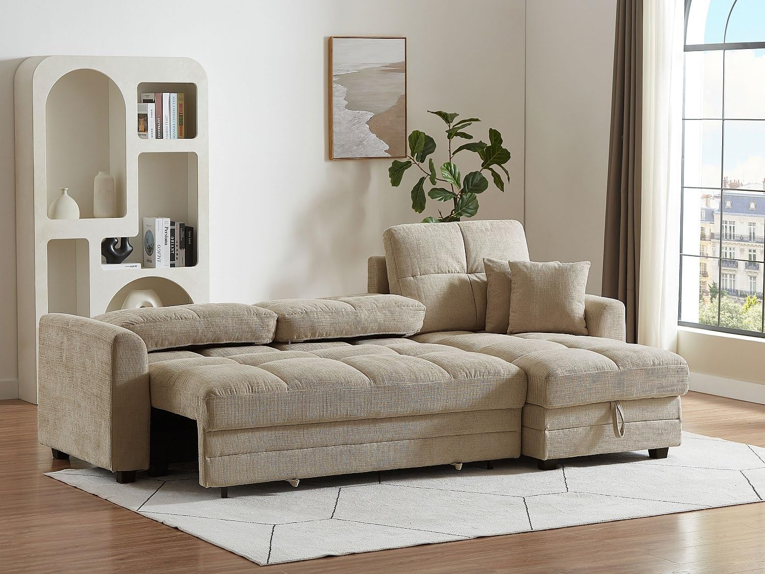 Vente-unique-Divano angolare convertibile e reversibile in tessuto ciniglia beige