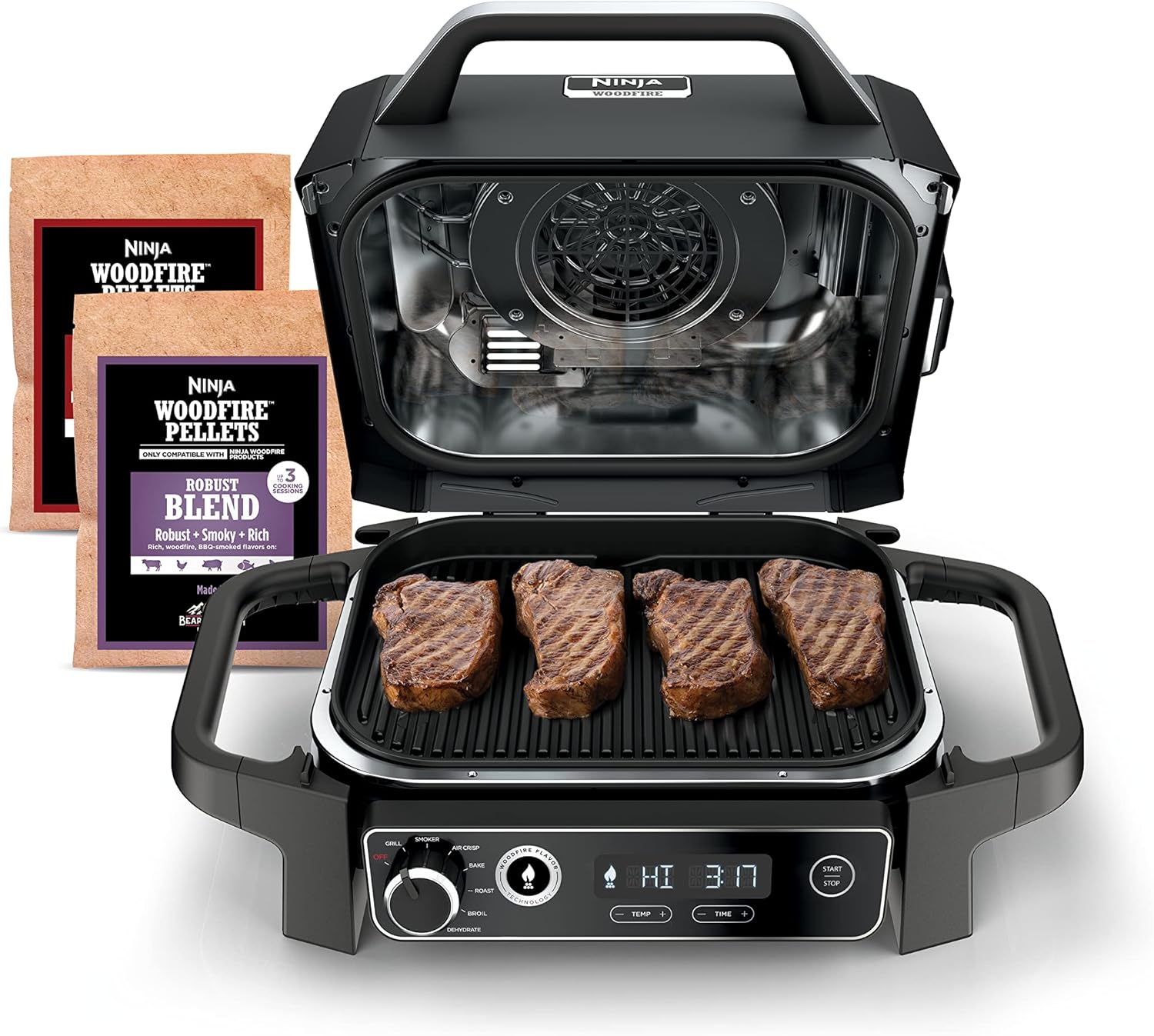 Ninja | Woodfire Series | 7-in-1 (Grill  BBQ  Roast  Air Fry  Dehydrate  Broil  Smoke) | Portable & Weather Resistant | Cook Up To 6 Steaks & 30 Hot Dogs | Woodfire Pellets included | OG701