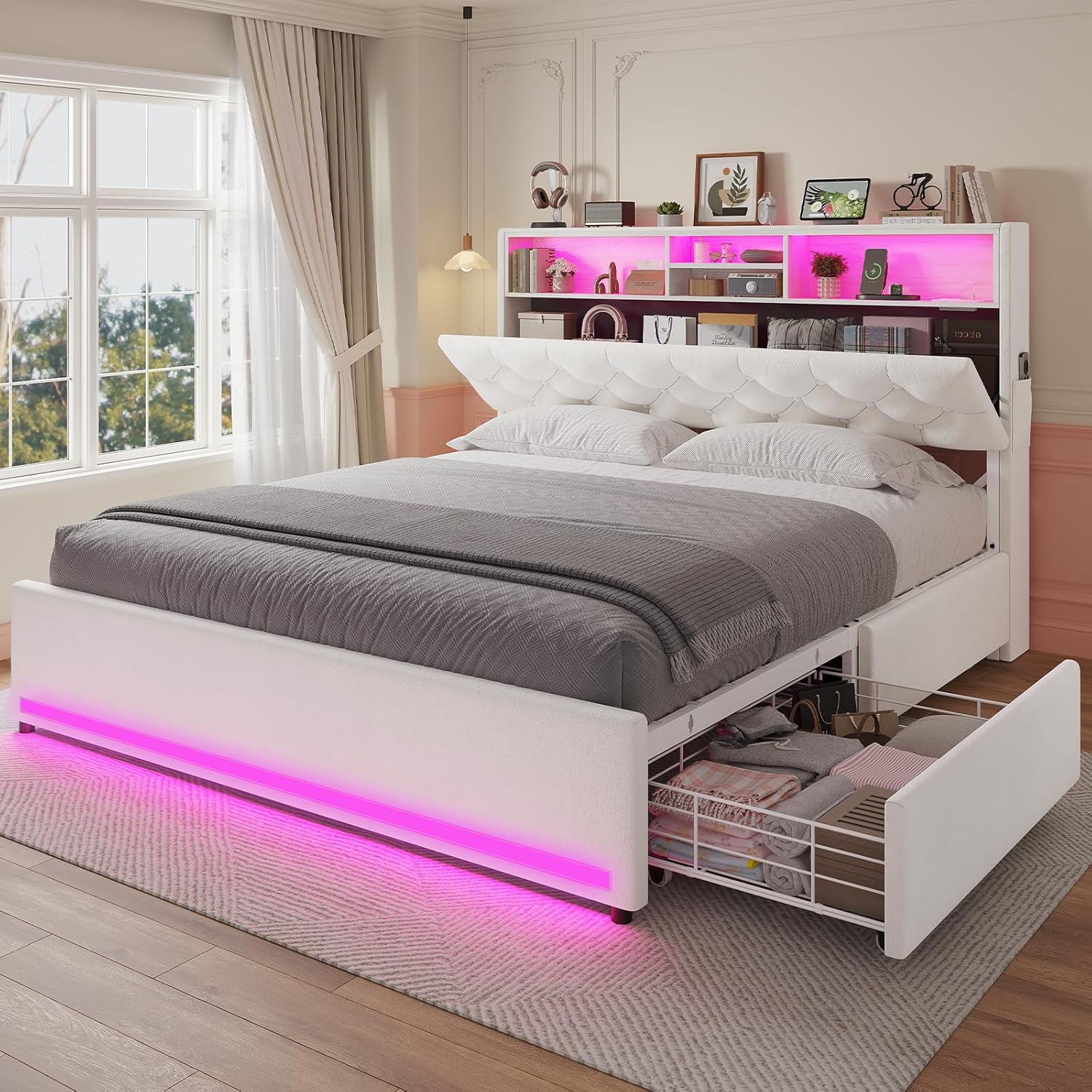 Queen Bed Frame with Bookcase Headboard,LED Bed Frame with 4 Storage Drawers,Power Outlet, Modern Velvet Upholstered Platform Bed with 5 Shelf, No Box Spring Needed, Creamy White